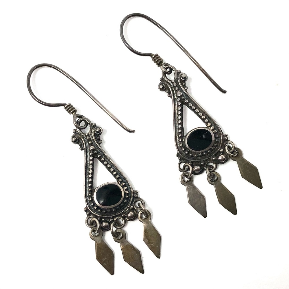 Tribal Afghan Turkmen sterling silver 925 black onyx pierced dangle earrings